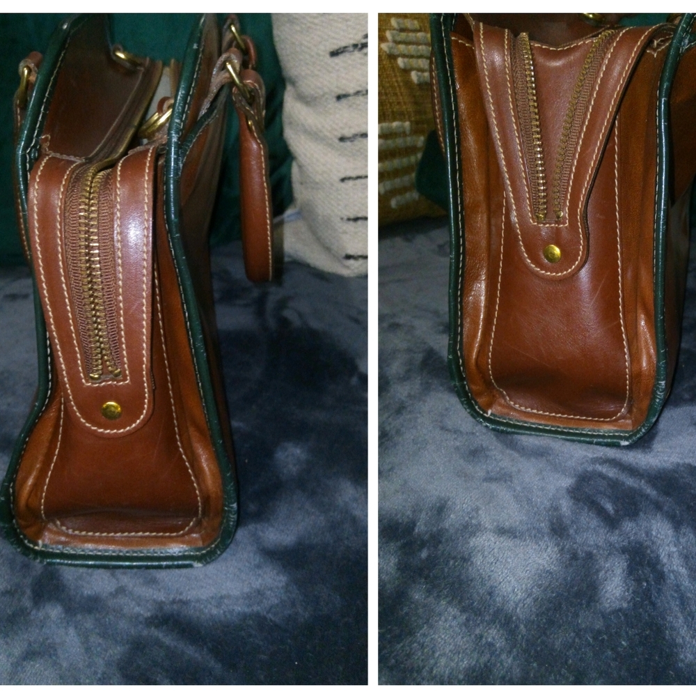 Brahmin Mini Bowler Leather Top Handle Satchel in Cognac Brown with Green Trim - Picture 6 of 14